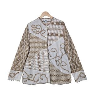 Vintage Sandy Starkman Jacket 1X Beige Boho Artisan Crochet Patchwork Artsy
